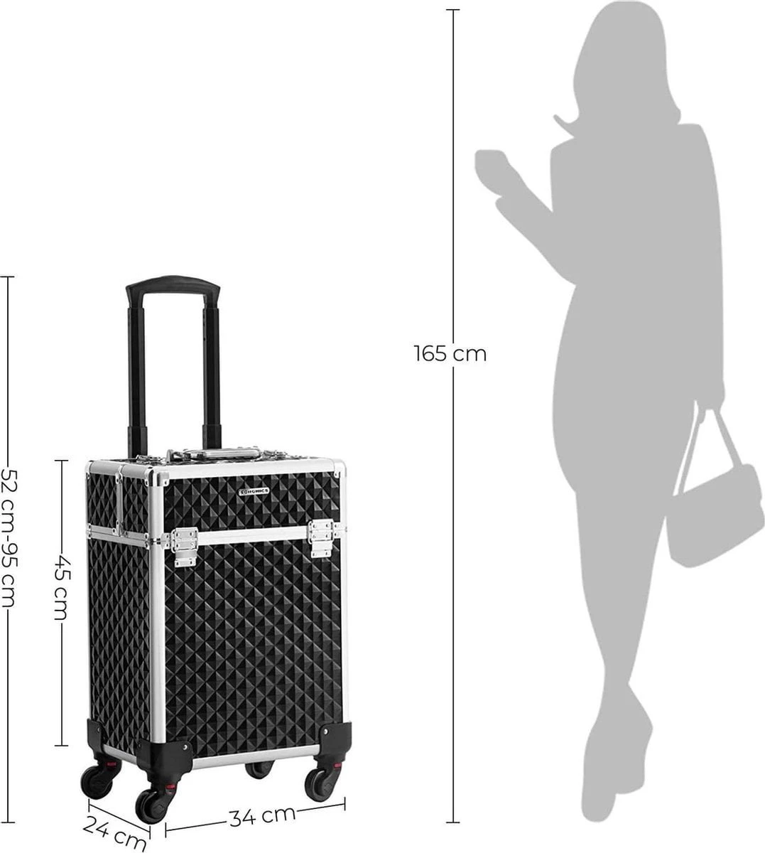 Cosmetische Koffer, Trolley, Make-up Case Met Handvat, 4 Universele Wielen, 4 Uitschuifbare Dienbladen, Make-up Tas, Voor Reizen, Zwart 10 Cosmetische Koffer, Trolley, Make-up Case Met Handvat, 4 Universele Wielen, 4 Uitschuifbare Dienbladen, Make-up Tas, Voor Reizen, Zwart - Afbeelding 8