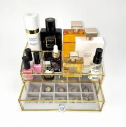 Make Up Organizer Stella | Goud| Cosmetica Organizer|sieraden Organizer | Make Up Organizer | Beautybox | Vitrine Boxje | Glazen Box |Makeup Organizer |Beauty Organizer | Makeupbox |Organizer | Storage Box |Make-uporganizer| Opbergdoos | Sieradendoos