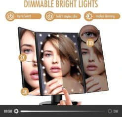 UNIQ Trifold Make Up Spiegel Met LED Verlichting En 2 Vergrootspiegels - Staande Spiegel - 21 LED-lampjes - Op Batterijen En USB (kabel Incl) - Zwart -Cosmetica Korting Winkel 1200x1153 3