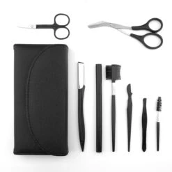 Wenkbrauw Trimmer Set - 8-delig – Met Epileer Pincet, 2x Wenkbrauw Schaartje, 2x Wenkbrauwmesje, Wenkbrauw Borstel, Wenkbrauwpotlood, Spoolie – In Stevige Etui - Zwart -Cosmetica Korting Winkel 1200x1200 1743