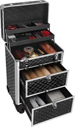 Songmics Kapperskoffer - Cosmetica Trolley - Cosmetica Koffer - Make-up Koffer - Visagie Koffer - Make Up Trolley - Op Wielen - Zwart -Cosmetica Korting Winkel 709x1200 4