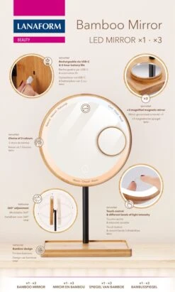 Lanaform - Bamboo Mirror - Oplaadbare Staande Spiegel ×1 · ×3 - Elegant Design Van Bamboe Met Zwarte Poedercoatingafwerking - Ledlampen Met Lange Levensduur -Cosmetica Korting Winkel 722x1200 3