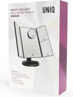 UNIQ Trifold Make Up Spiegel Met LED Verlichting En 2 Vergrootspiegels - Staande Spiegel - 21 LED-lampjes - Op Batterijen En USB (kabel Incl) - Zwart -Cosmetica Korting Winkel 912x1200 3